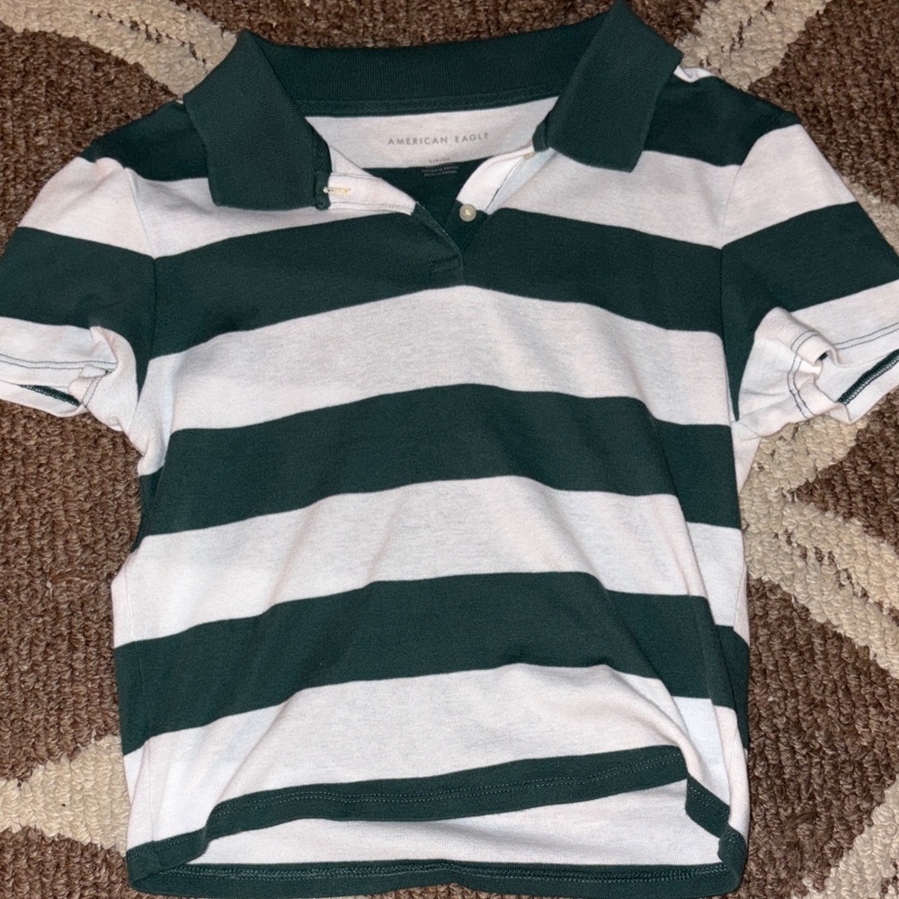 American Eagle Green and White Striped Cropped Polo